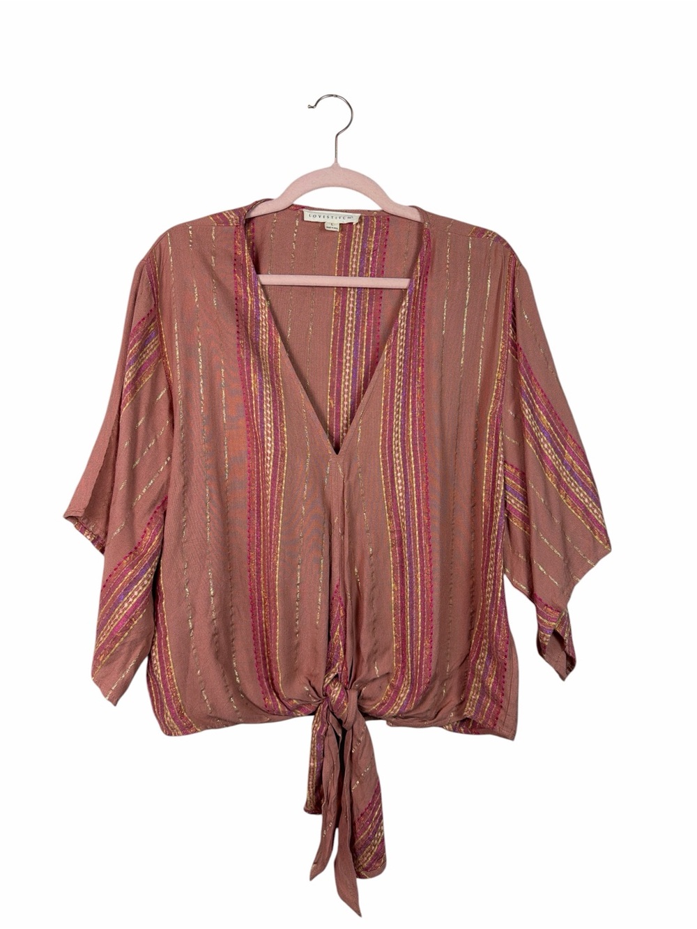 Lovestitch Women’s Large Dusty Rose Metallic Stripe Tie-Front Blouse